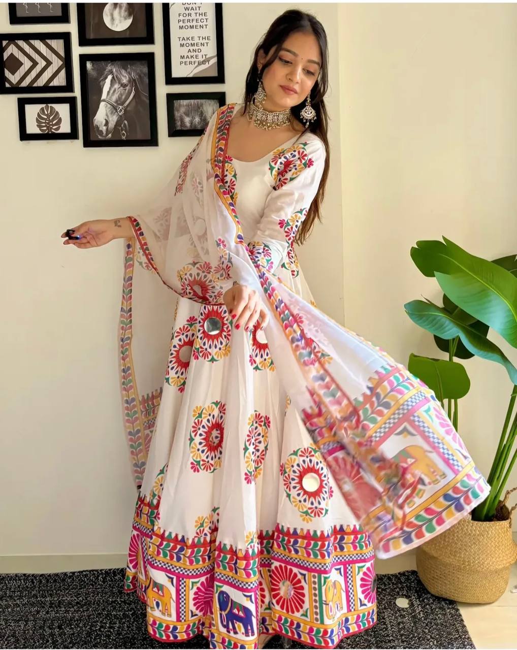 Majestic Moves: Moss Satin Silk Gown with Hand Mirror Work Dupatta