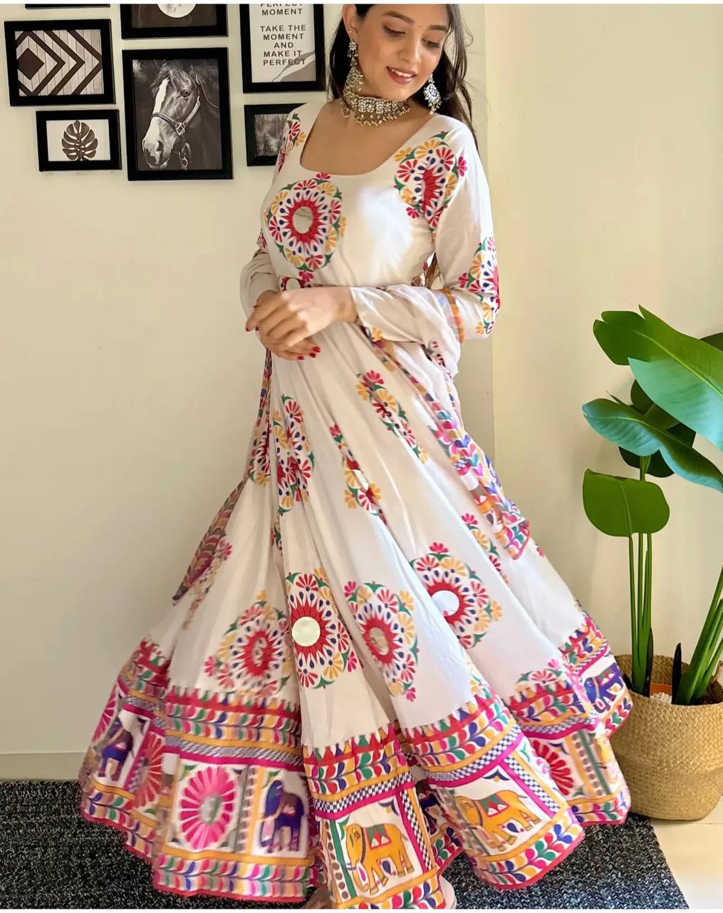 Majestic Moves: Moss Satin Silk Gown with Hand Mirror Work Dupatta