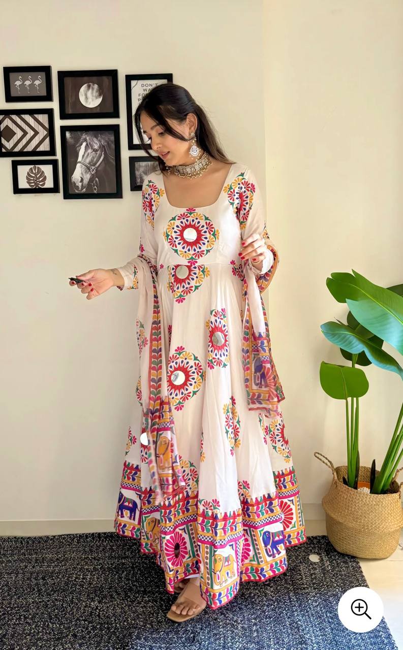 Majestic Moves: Moss Satin Silk Gown with Hand Mirror Work Dupatta