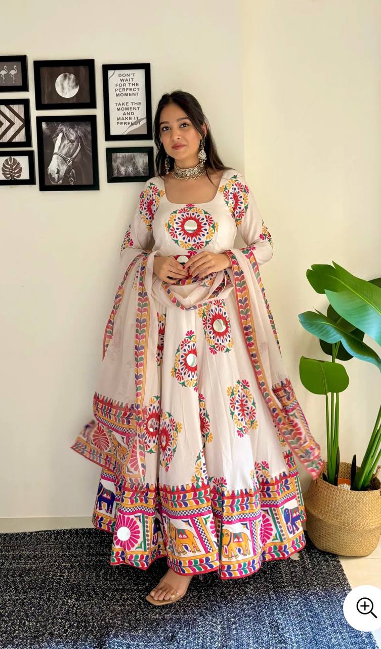 Majestic Moves: Moss Satin Silk Gown with Hand Mirror Work Dupatta
