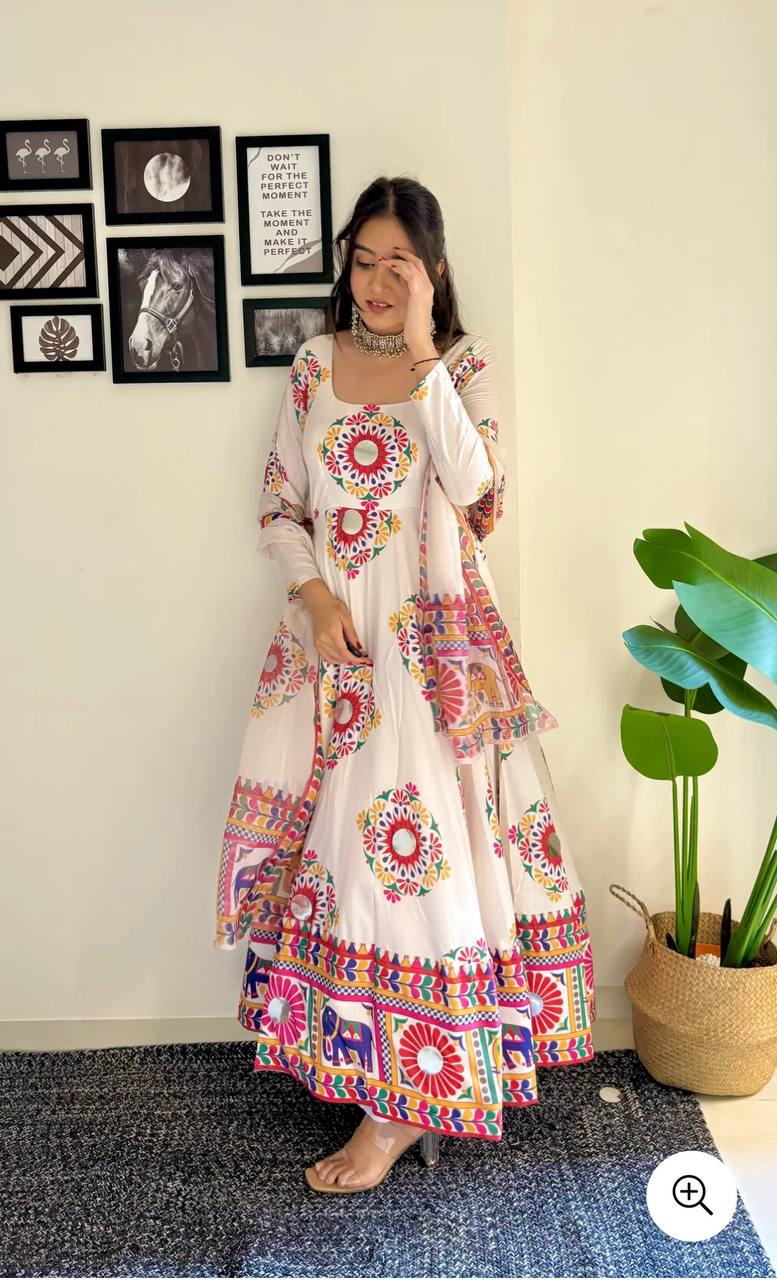 Majestic Moves: Moss Satin Silk Gown with Hand Mirror Work Dupatta