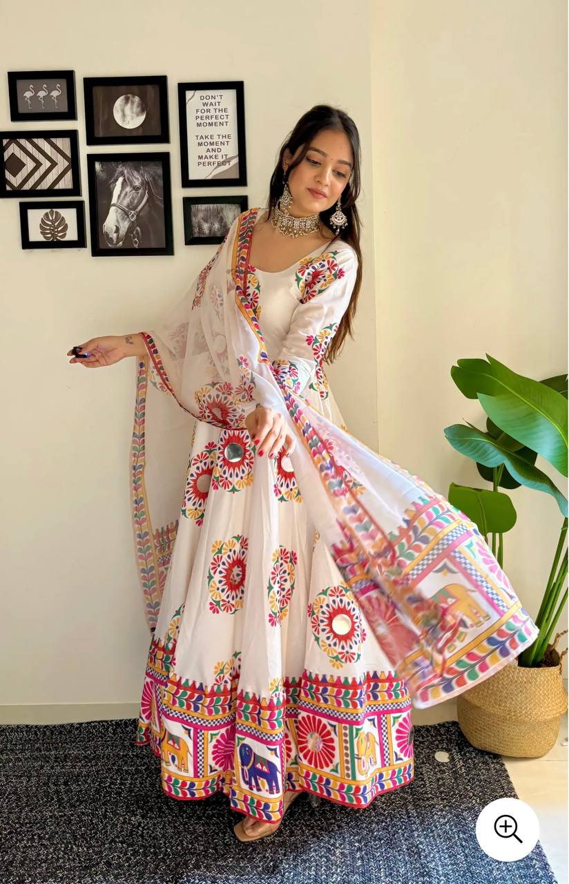 Majestic Moves: Moss Satin Silk Gown with Hand Mirror Work Dupatta