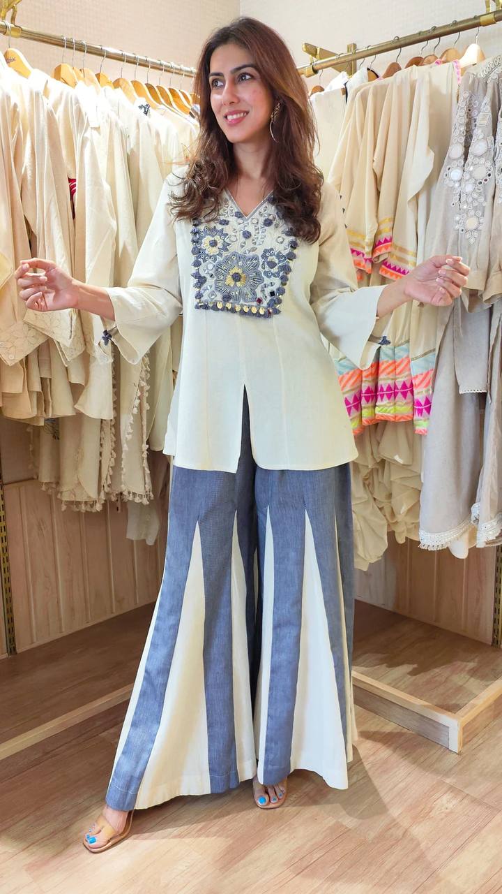 Threaded Harmony – Khadi Cotton Co-ord Set with Mirror Work