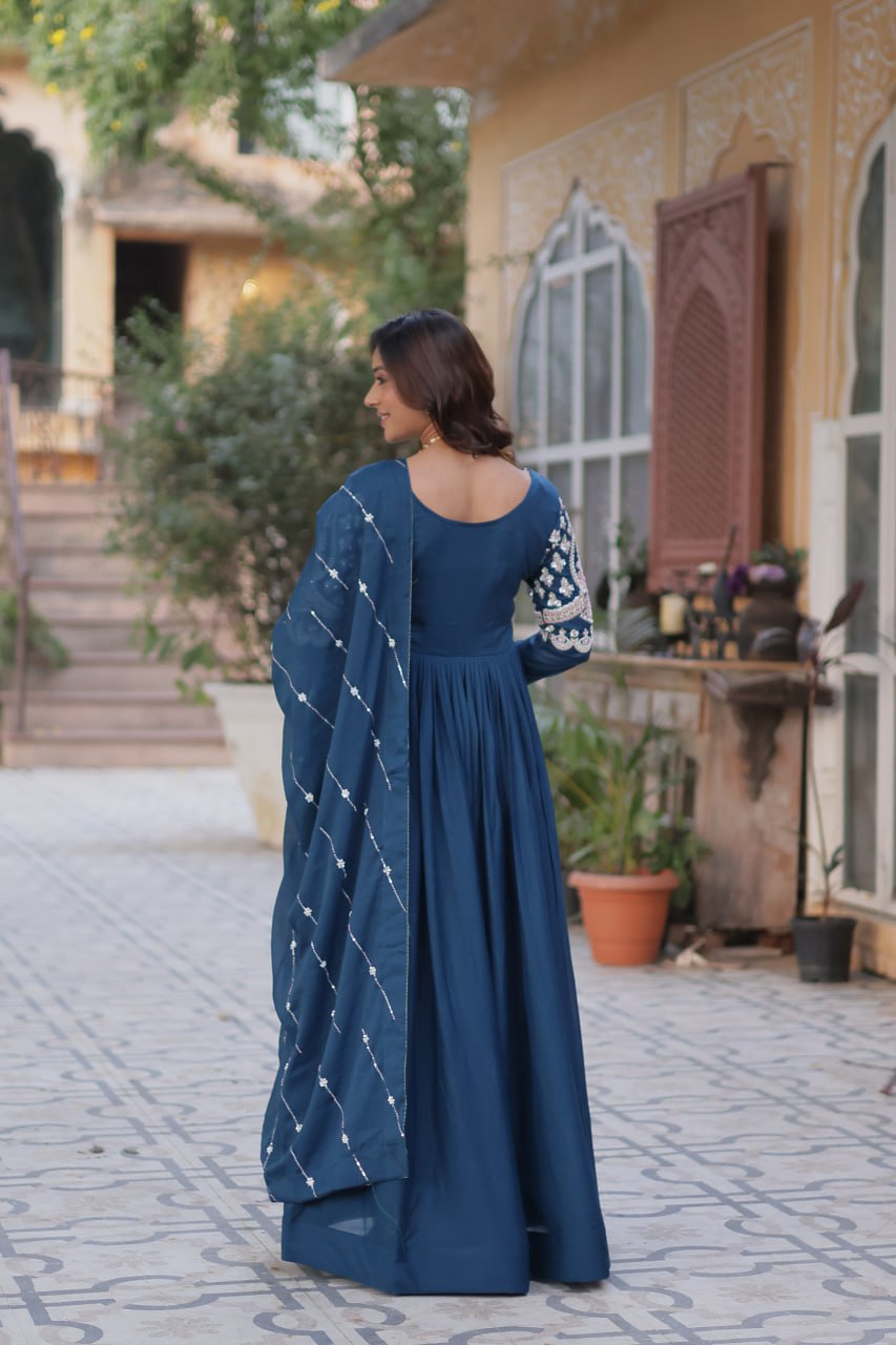 Star Georgette with Embroidery Beads Sequins-work Blue Color