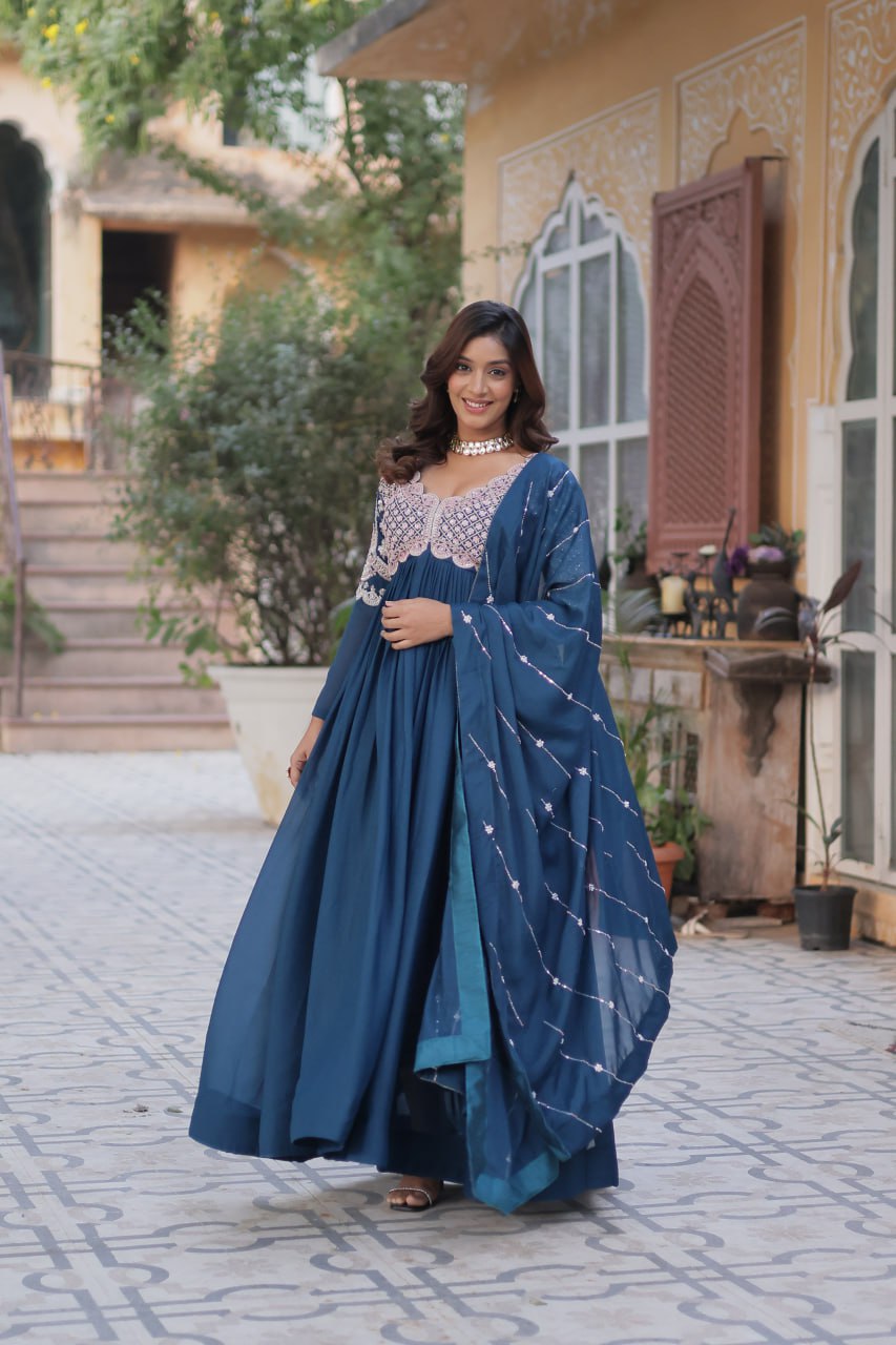 Star Georgette with Embroidery Beads Sequins-work Blue Color