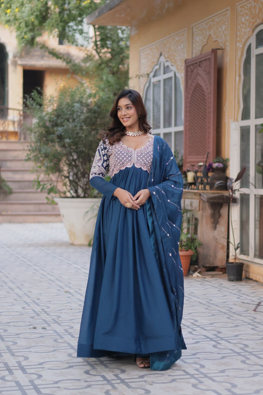 Star Georgette with Embroidery Beads Sequins-work Blue Color
