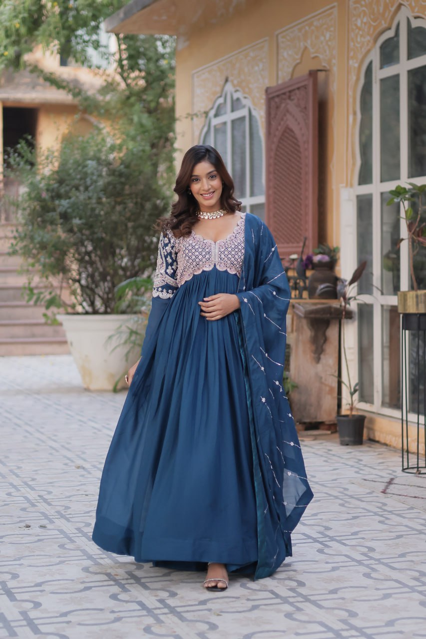 Star Georgette with Embroidery Beads Sequins-work Blue Color