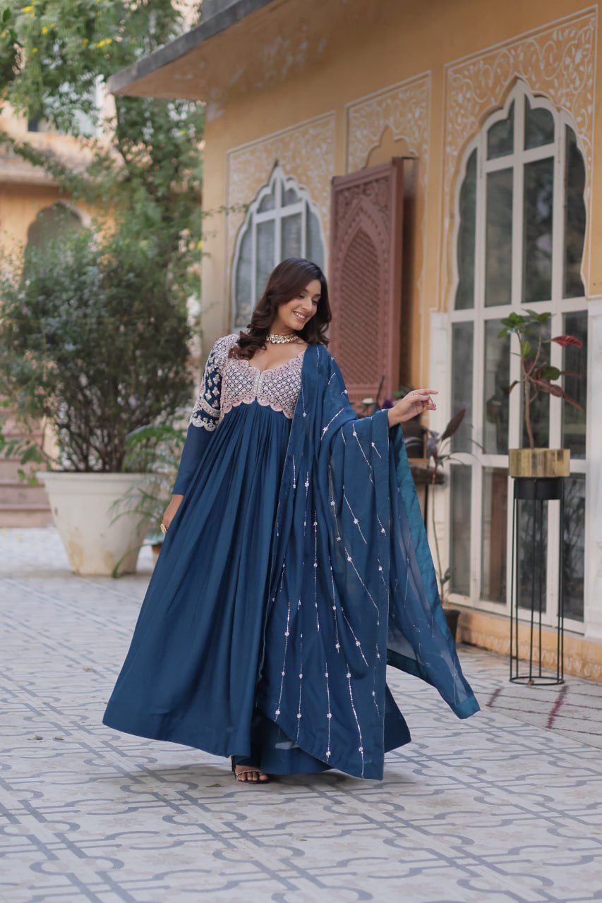 Star Georgette with Embroidery Beads Sequins-work Blue Color