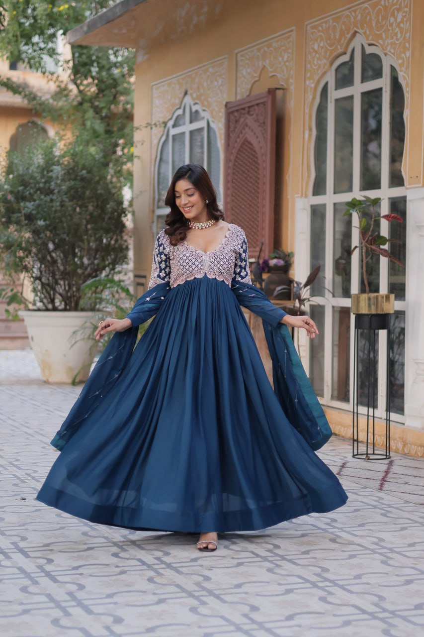 Star Georgette with Embroidery Beads Sequins-work Blue Color