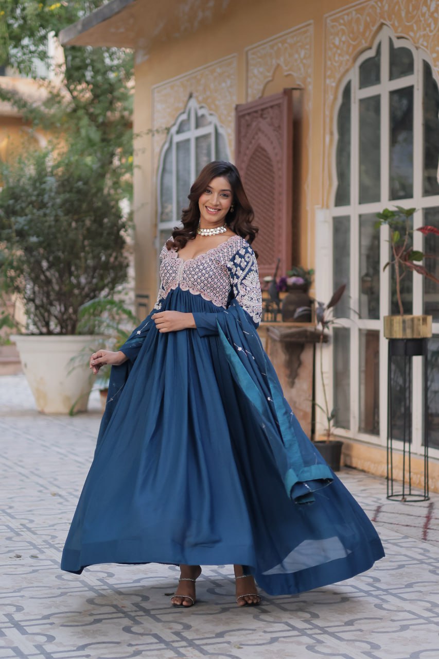 Star Georgette with Embroidery Beads Sequins-work Blue Color