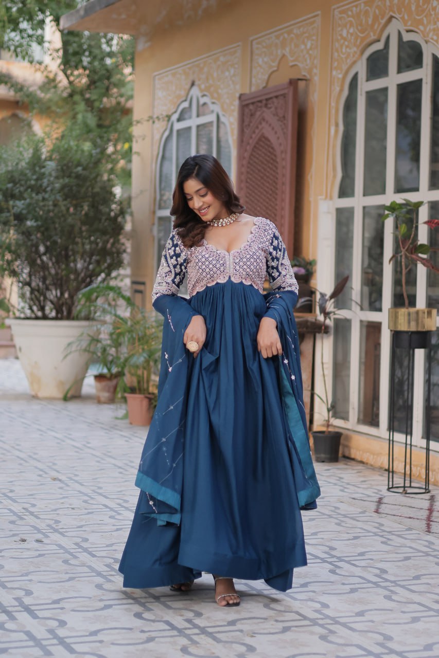 Star Georgette with Embroidery Beads Sequins-work Blue Color