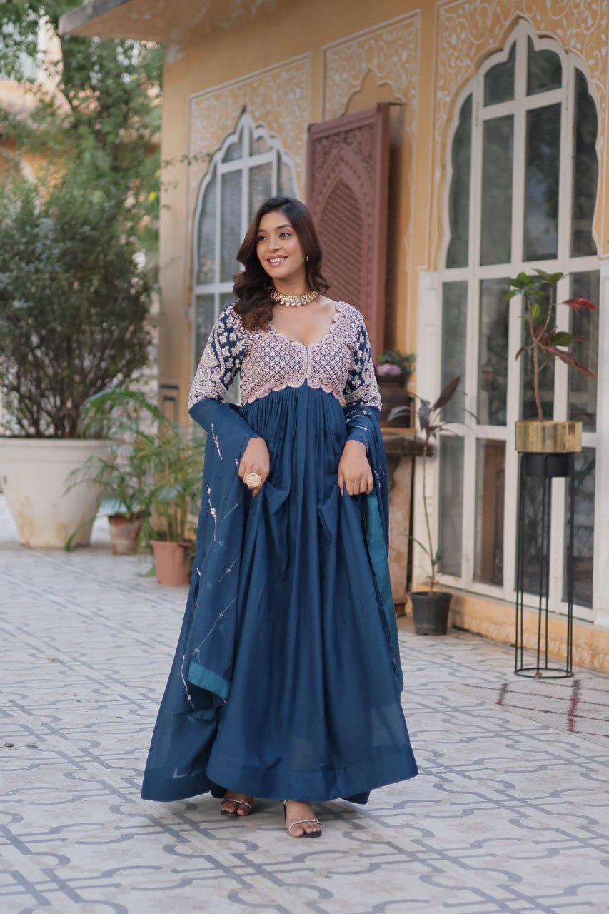 Star Georgette with Embroidery Beads Sequins-work Blue Color