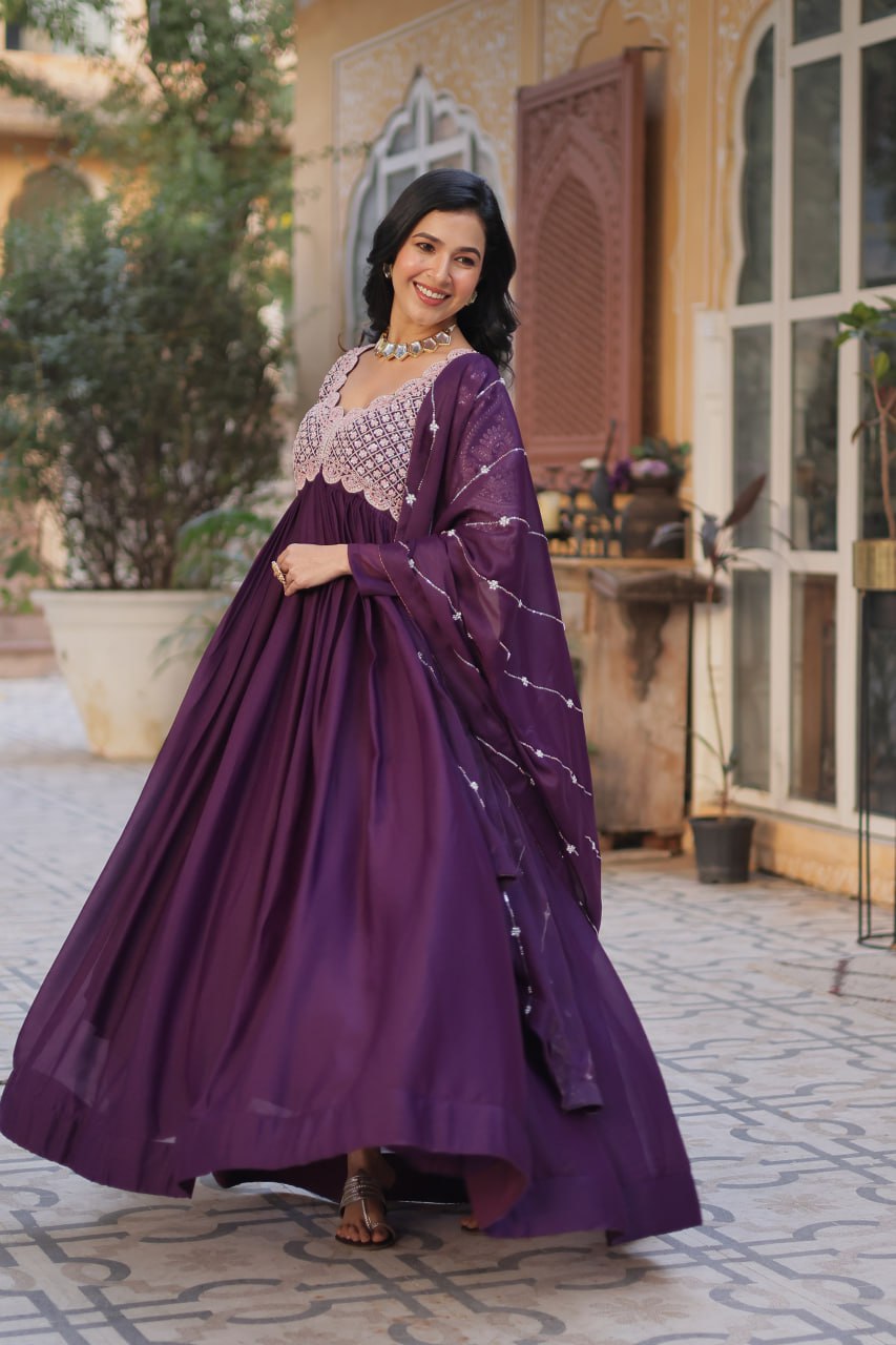 Star Georgette with Embroidery Beads Sequins-work Purple Color