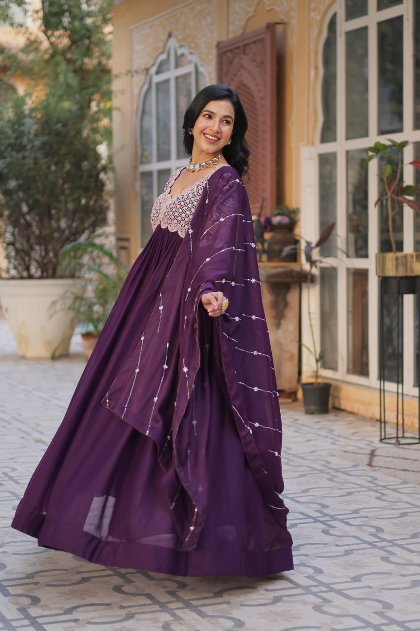 Star Georgette with Embroidery Beads Sequins-work Purple Color