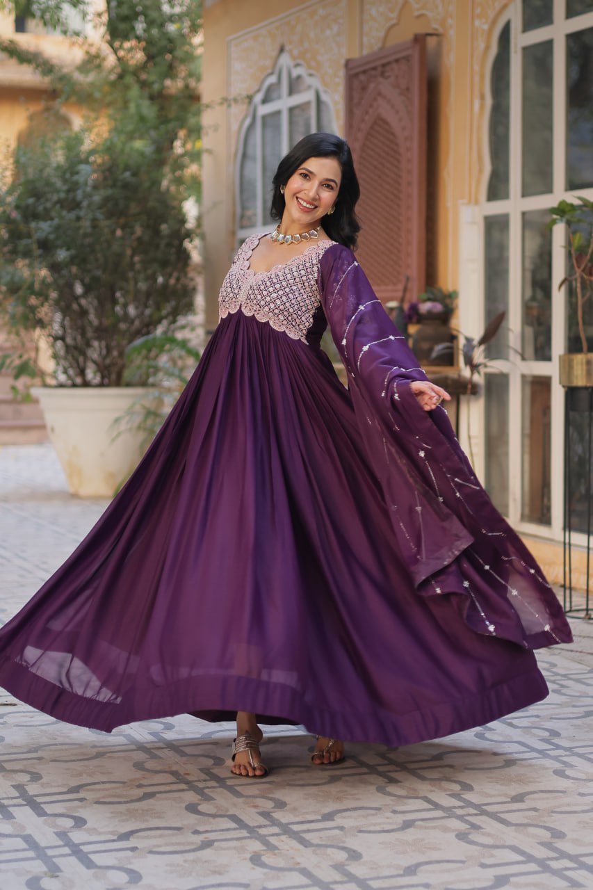 Star Georgette with Embroidery Beads Sequins-work Purple Color
