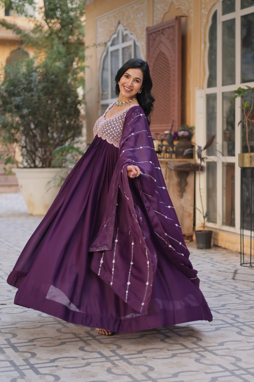 Star Georgette with Embroidery Beads Sequins-work Purple Color