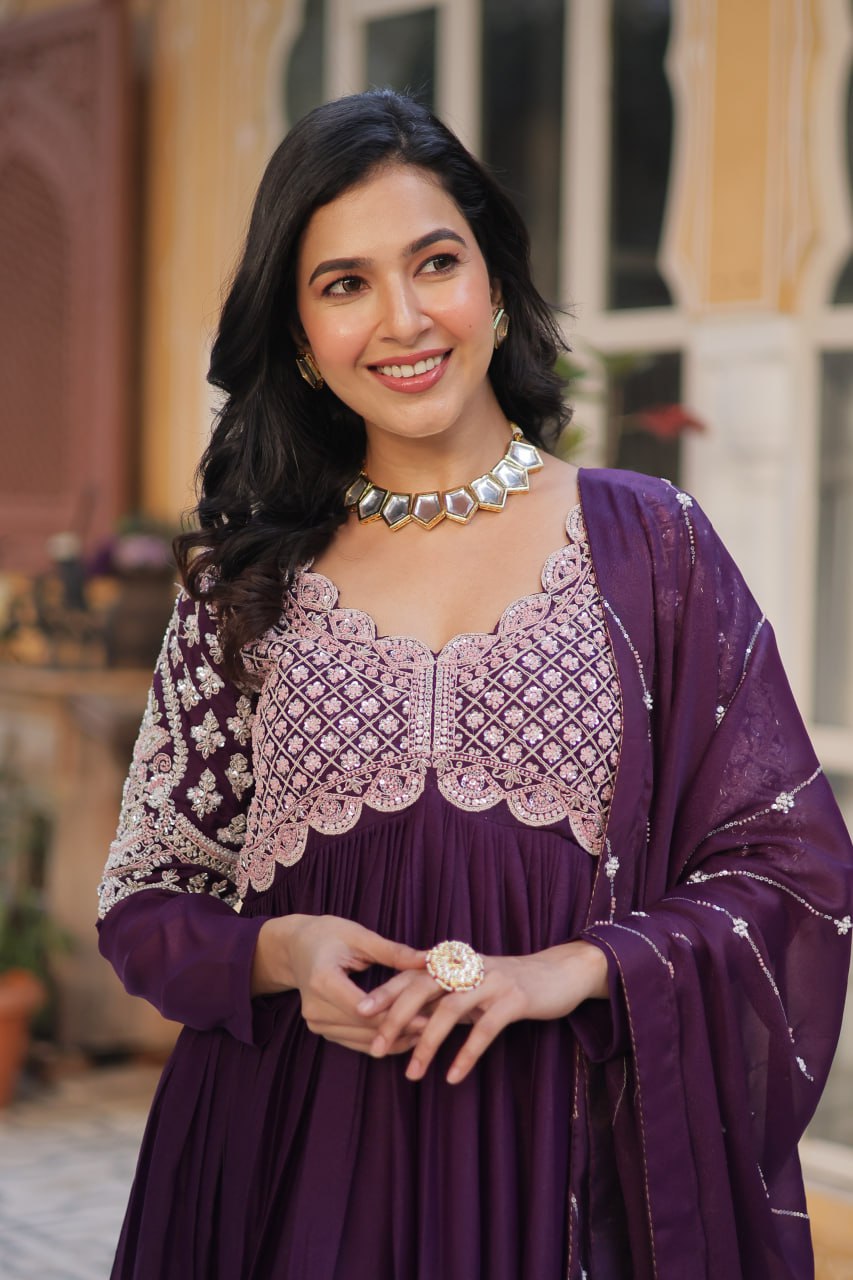 Star Georgette with Embroidery Beads Sequins-work Purple Color