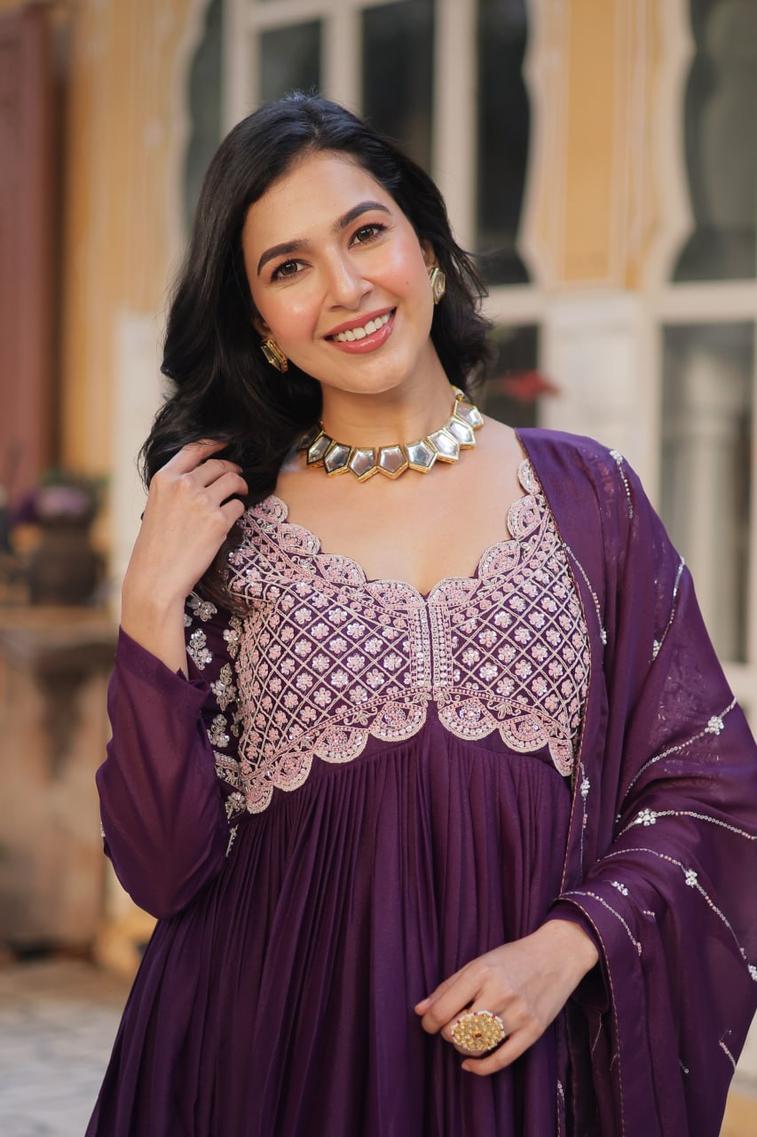 Star Georgette with Embroidery Beads Sequins-work Purple Color