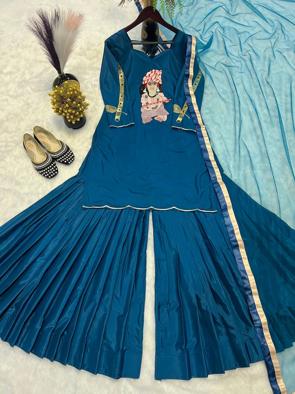 Natural Crepe Dress with Heavy Embroidery, Fancy Borders & Latkan Dori Sleeves