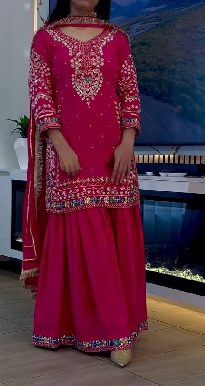 Heavy Embroidered Chinon Anarkali | Sequin Work | Full Sleeves with Latkan Dori