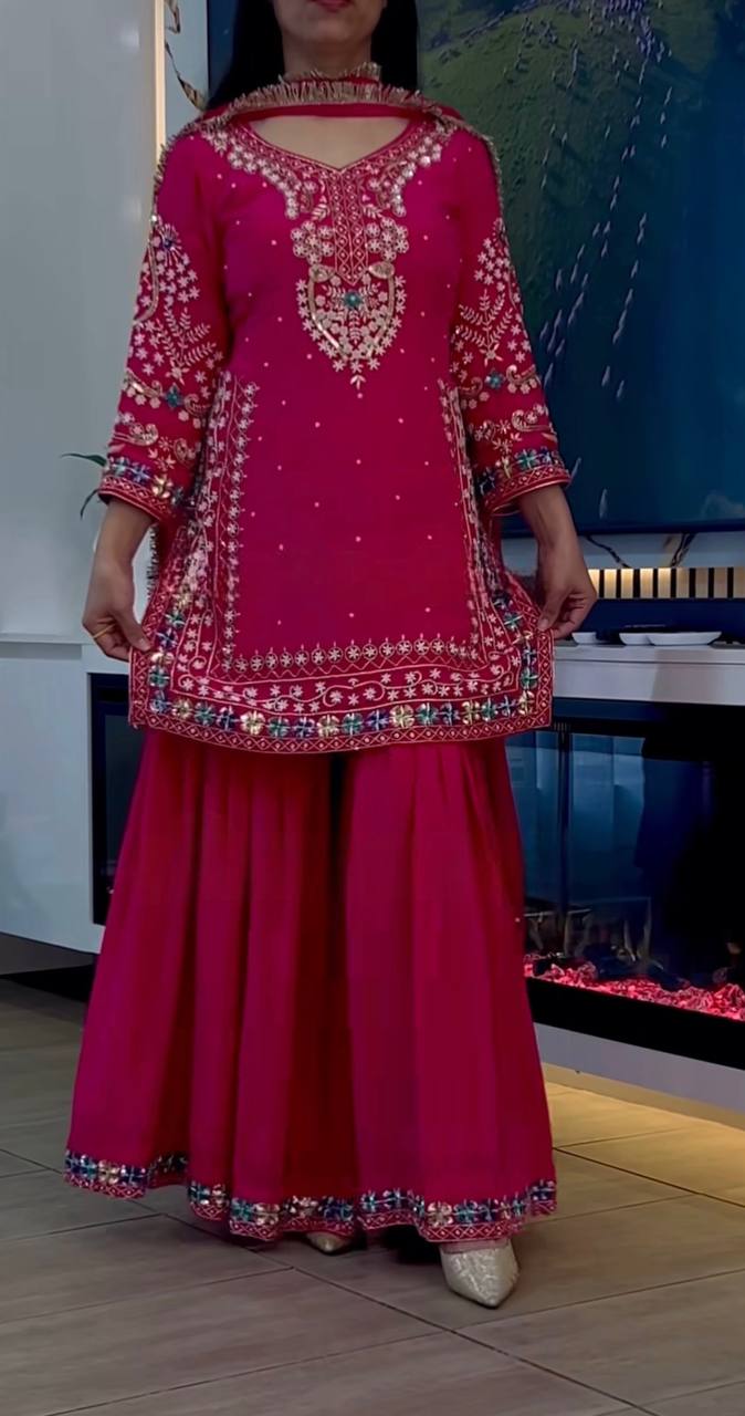 Heavy Embroidered Chinon Anarkali | Sequin Work | Full Sleeves with Latkan Dori