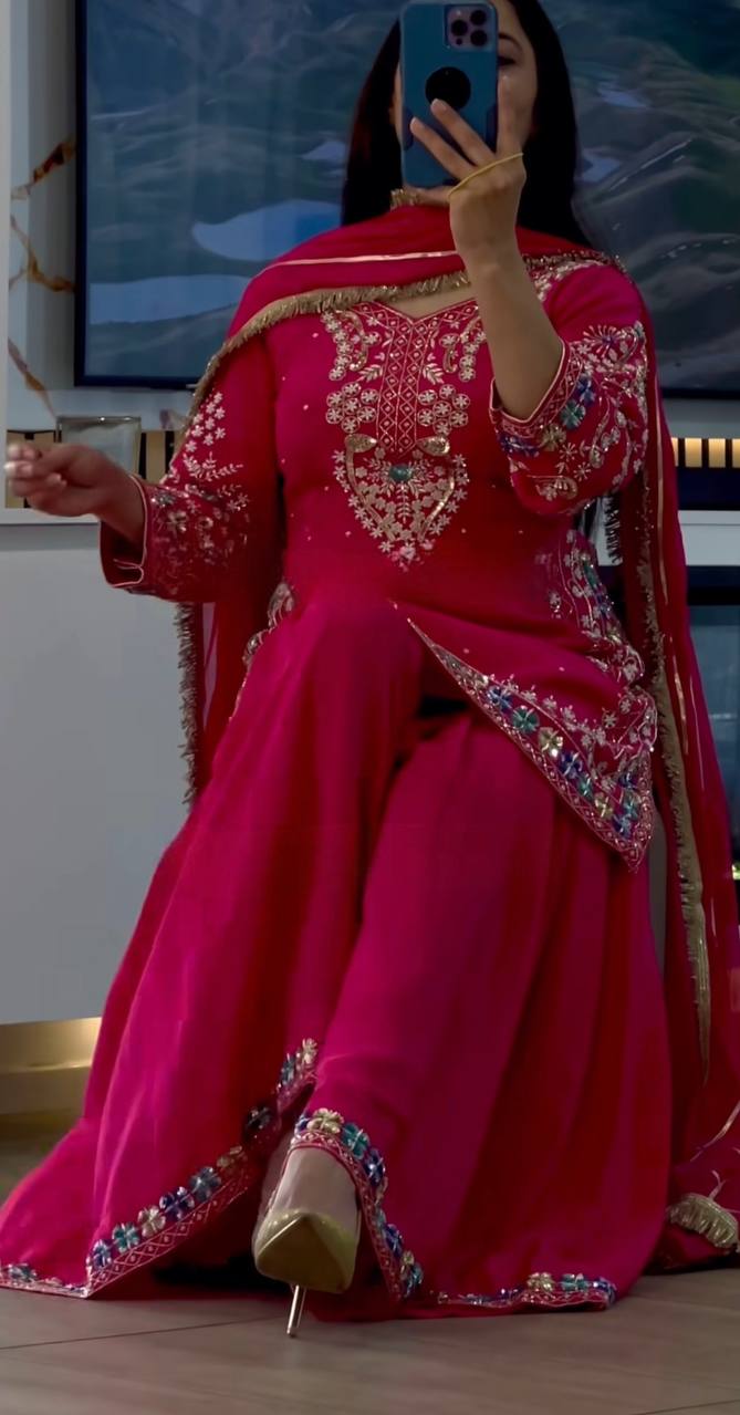 Heavy Embroidered Chinon Anarkali | Sequin Work | Full Sleeves with Latkan Dori