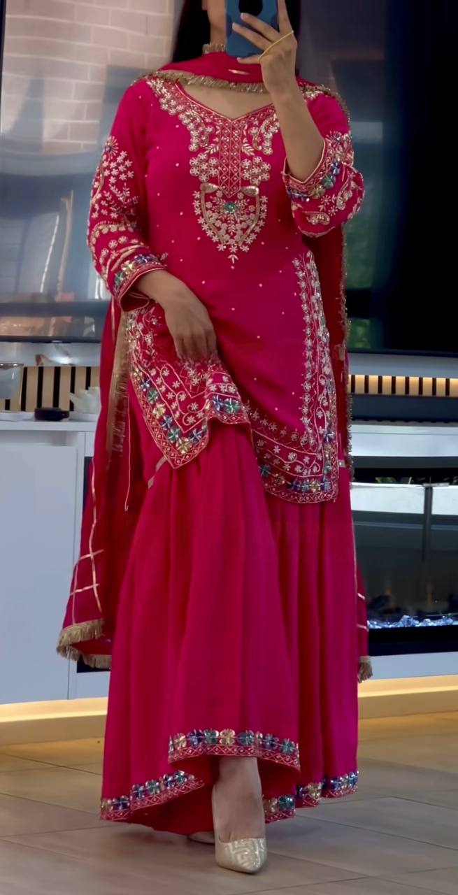 Heavy Embroidered Chinon Anarkali | Sequin Work | Full Sleeves with Latkan Dori