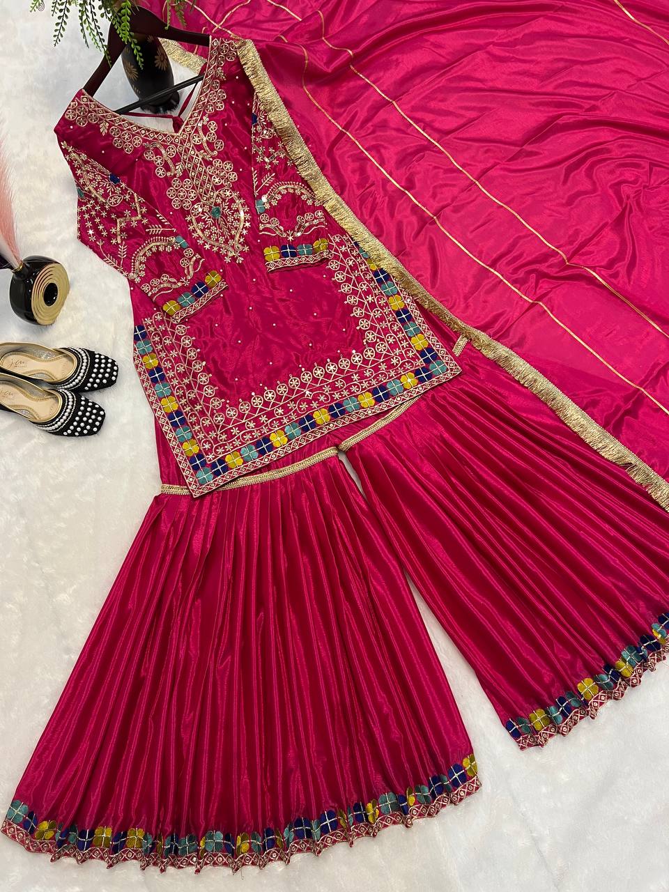 Heavy Embroidered Chinon Anarkali | Sequin Work | Full Sleeves with Latkan Dori
