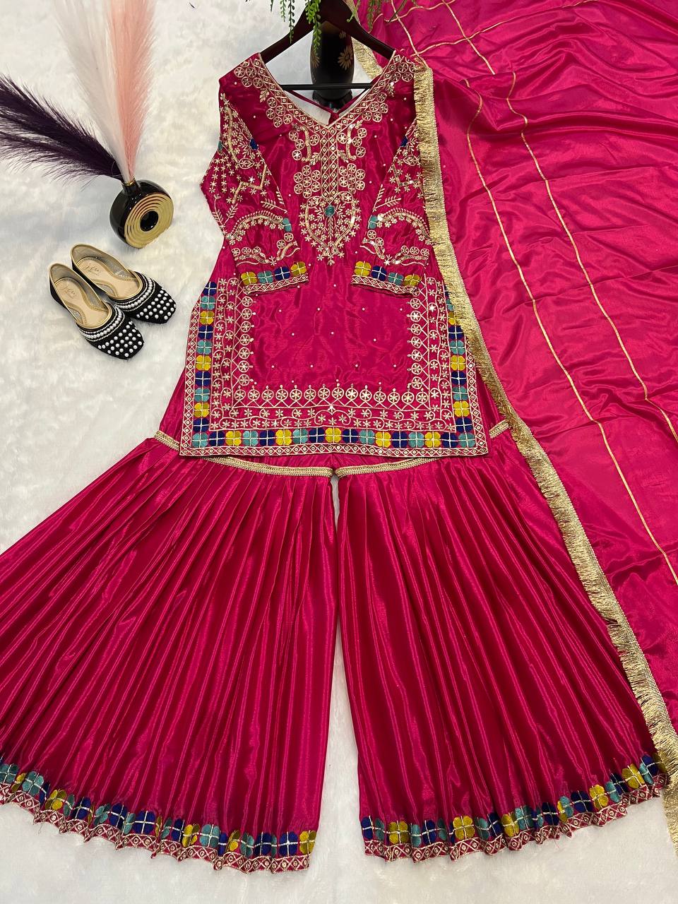 Heavy Embroidered Chinon Anarkali | Sequin Work | Full Sleeves with Latkan Dori