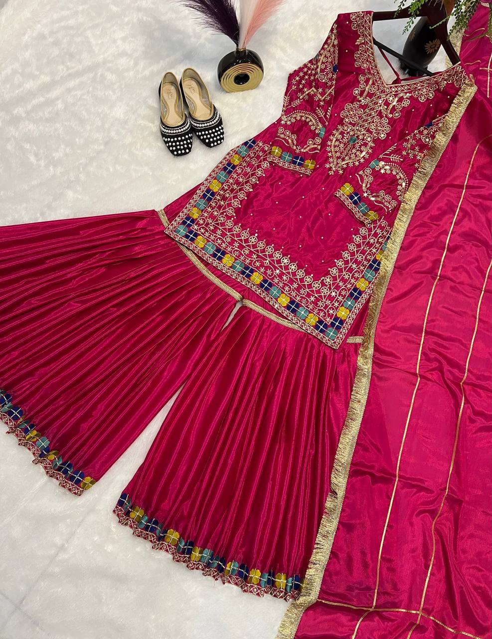 Heavy Embroidered Chinon Anarkali | Sequin Work | Full Sleeves with Latkan Dori