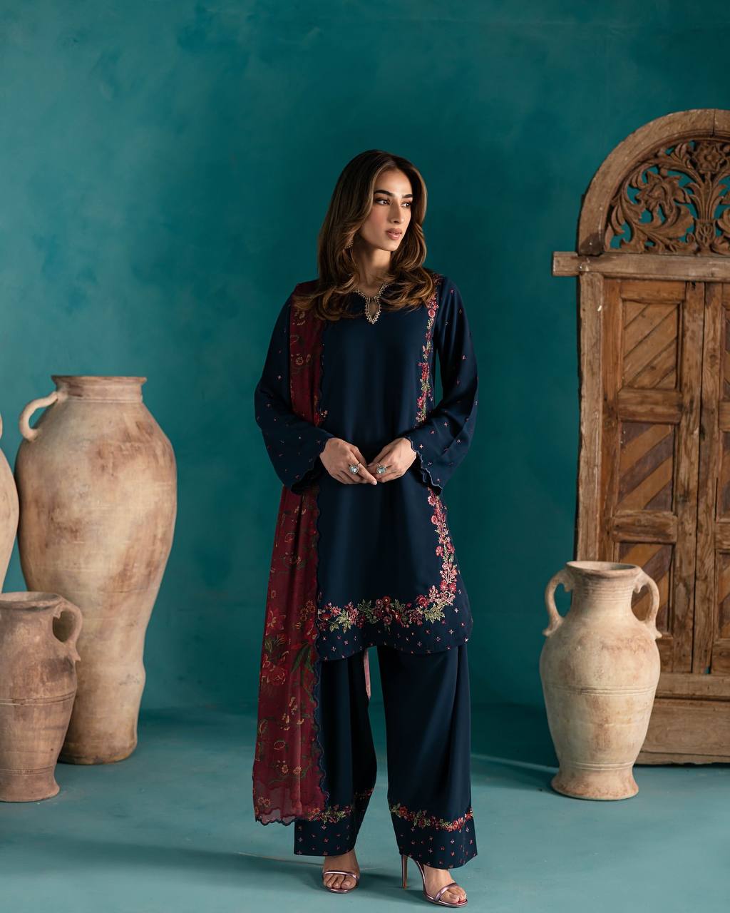 Timeless Grace: Navy Suit with Red & Gold Royal Embellishments