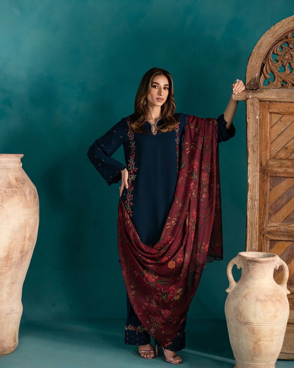 Timeless Grace: Navy Suit with Red & Gold Royal Embellishments