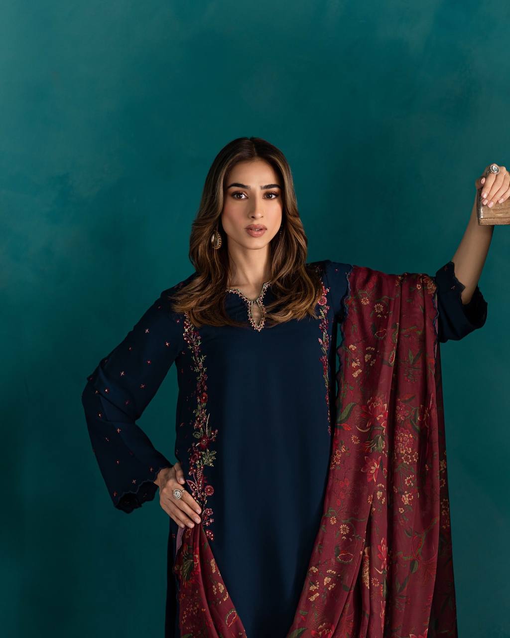 Timeless Grace: Navy Suit with Red & Gold Royal Embellishments