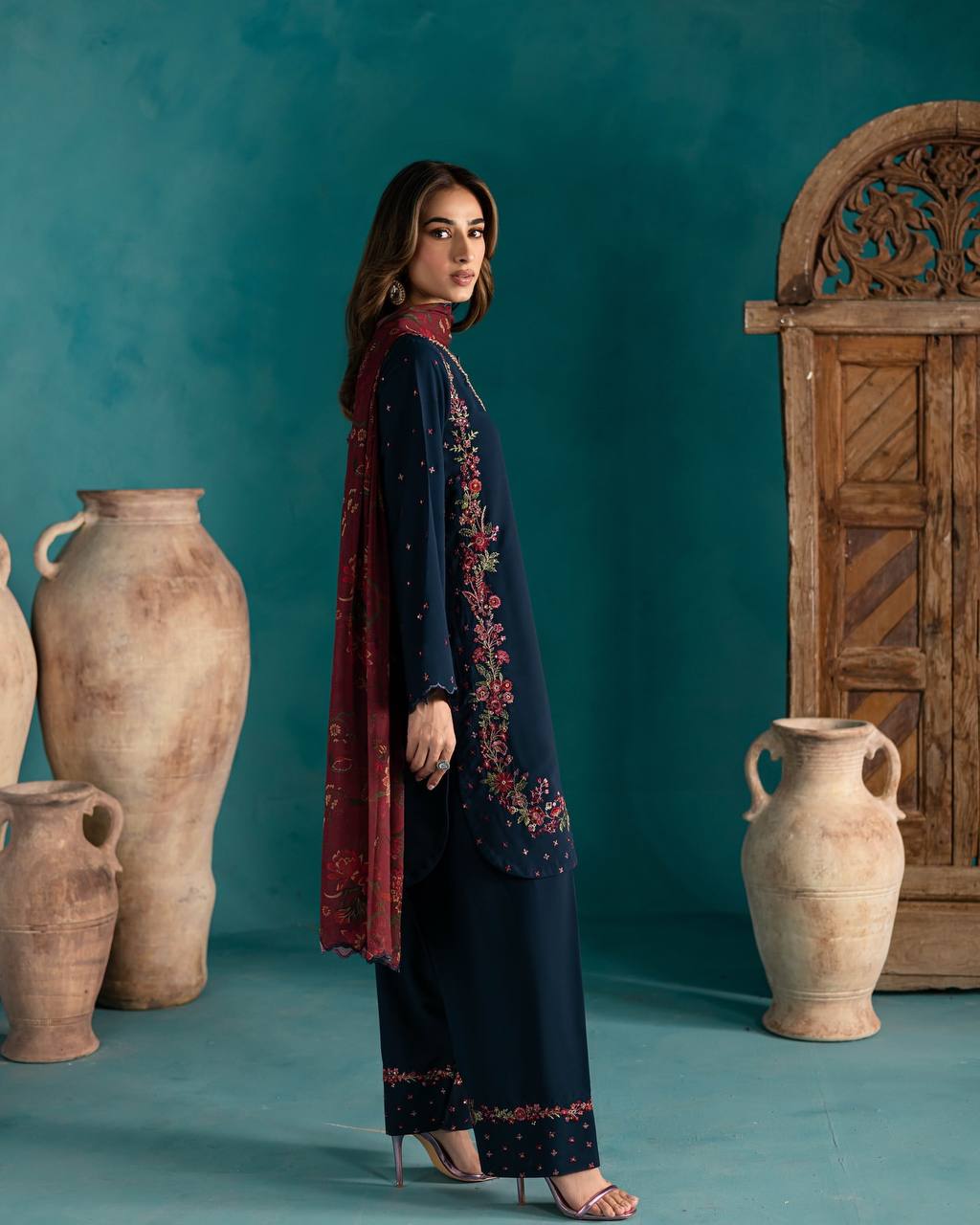 Timeless Grace: Navy Suit with Red & Gold Royal Embellishments