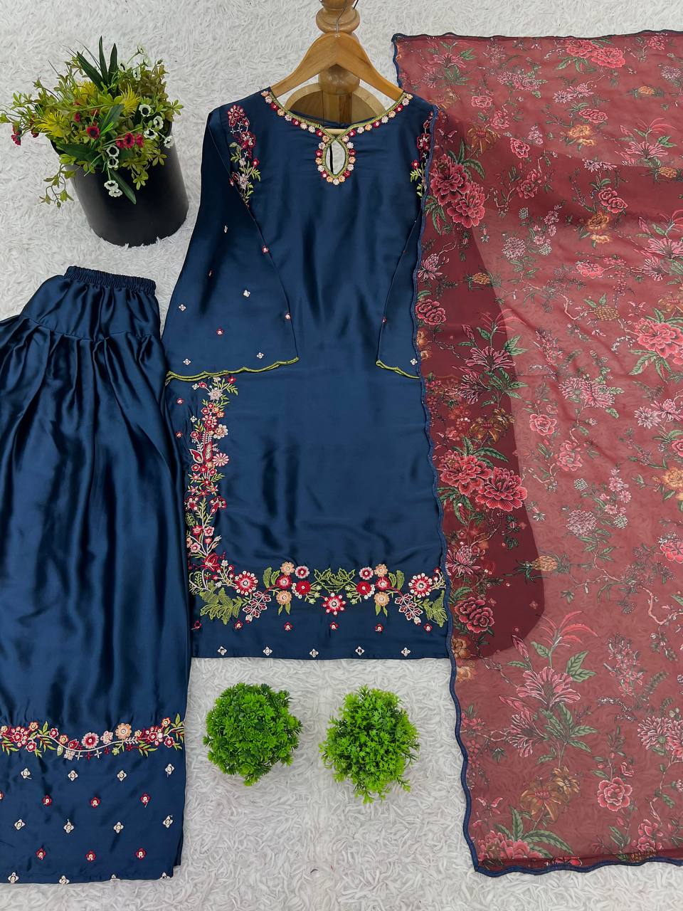 Timeless Grace: Navy Suit with Red & Gold Royal Embellishments
