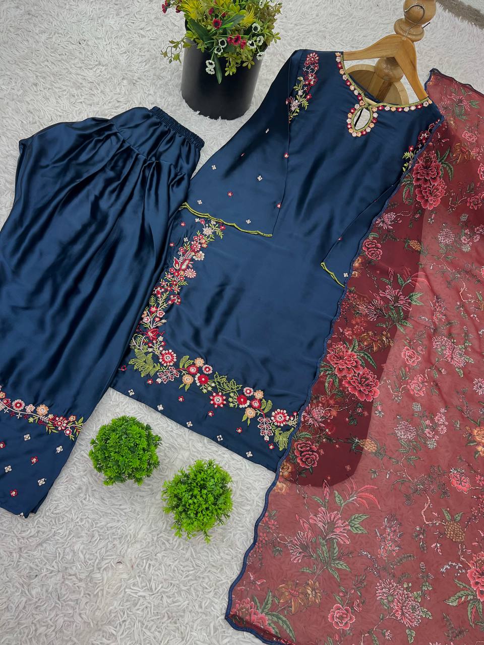 Timeless Grace: Navy Suit with Red & Gold Royal Embellishments
