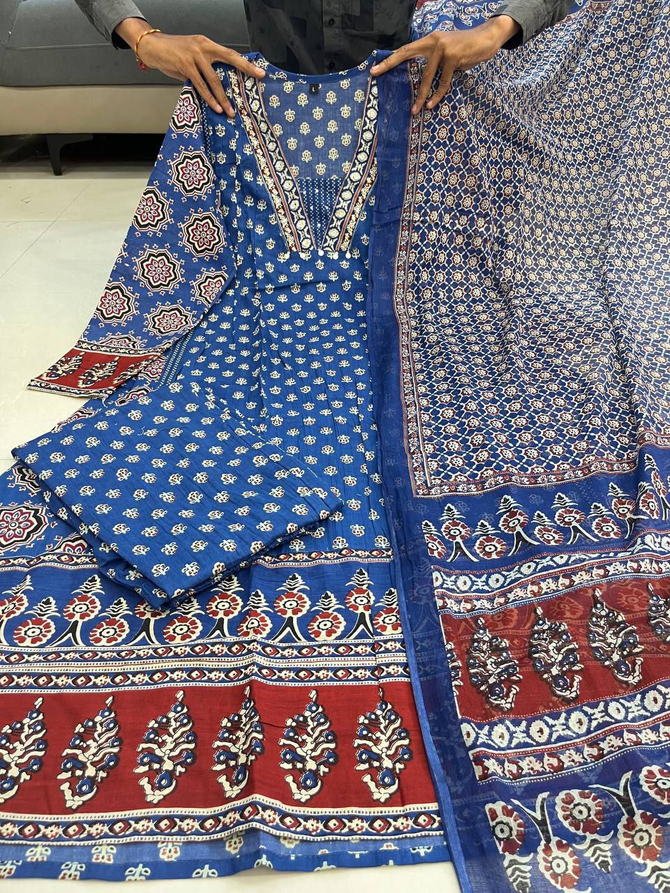 MAL Cotton Kurti Plazo With Handwork Nack Dupatta Set