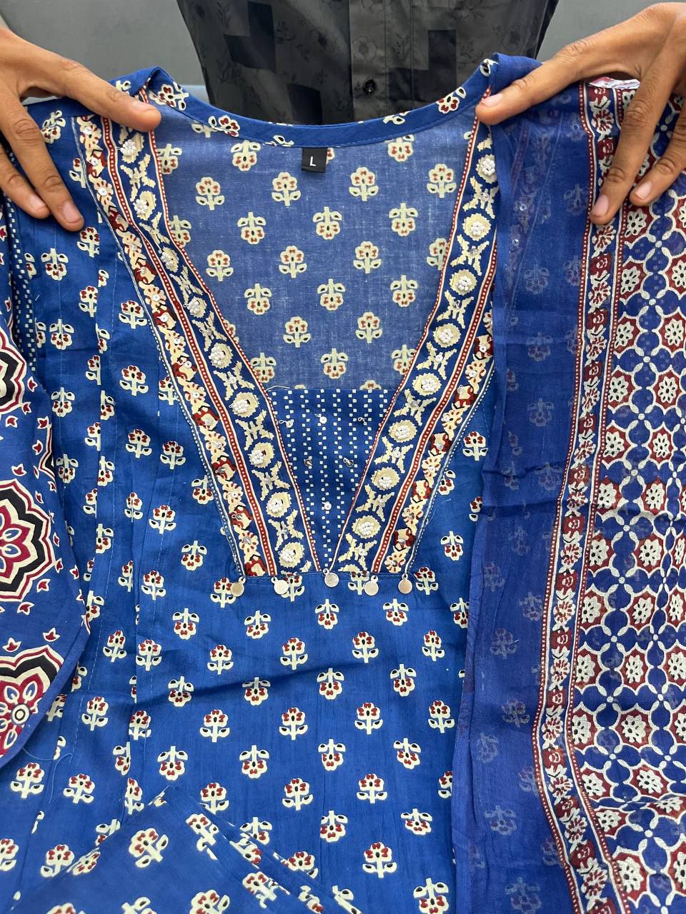 MAL Cotton Kurti Plazo With Handwork Nack Dupatta Set