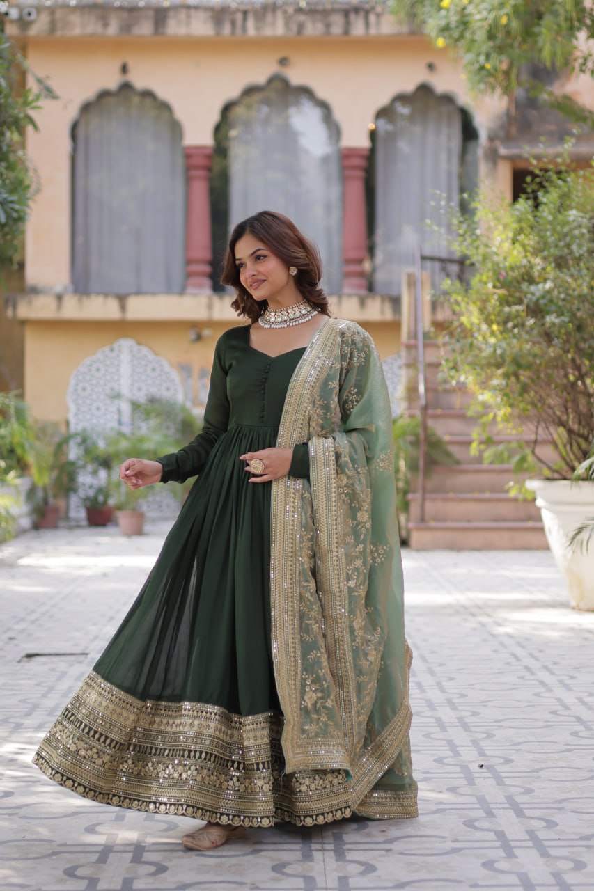 Shimmer Vichitra with Rich Sequins Embroidered work Green Color