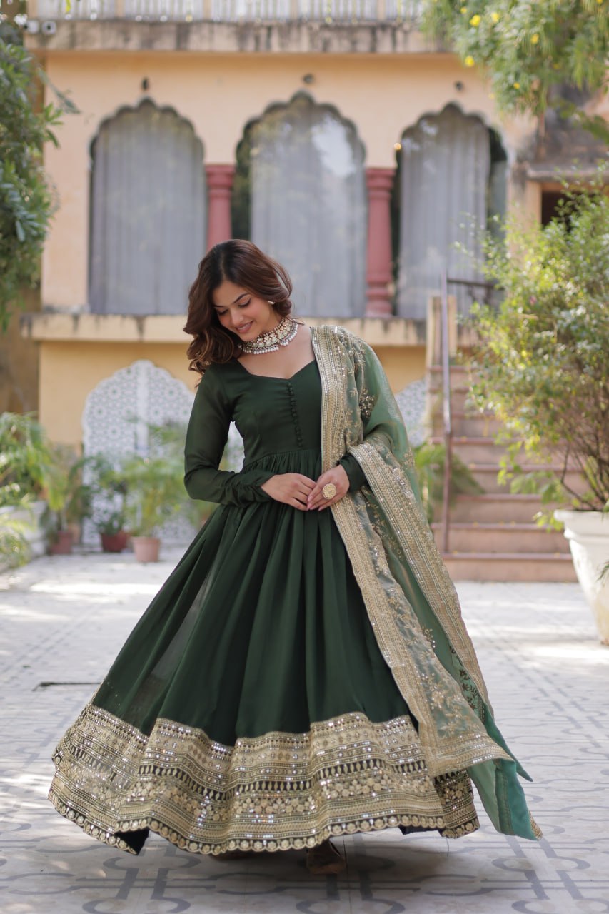 Shimmer Vichitra with Rich Sequins Embroidered work Green Color