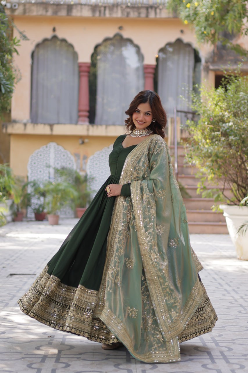 Shimmer Vichitra with Rich Sequins Embroidered work Green Color