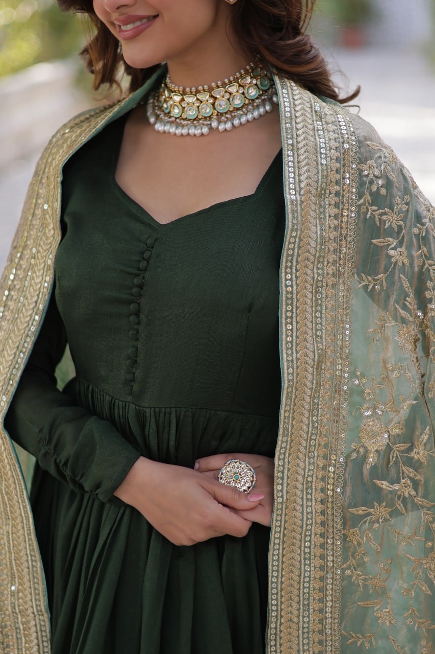 Shimmer Vichitra with Rich Sequins Embroidered work Green Color