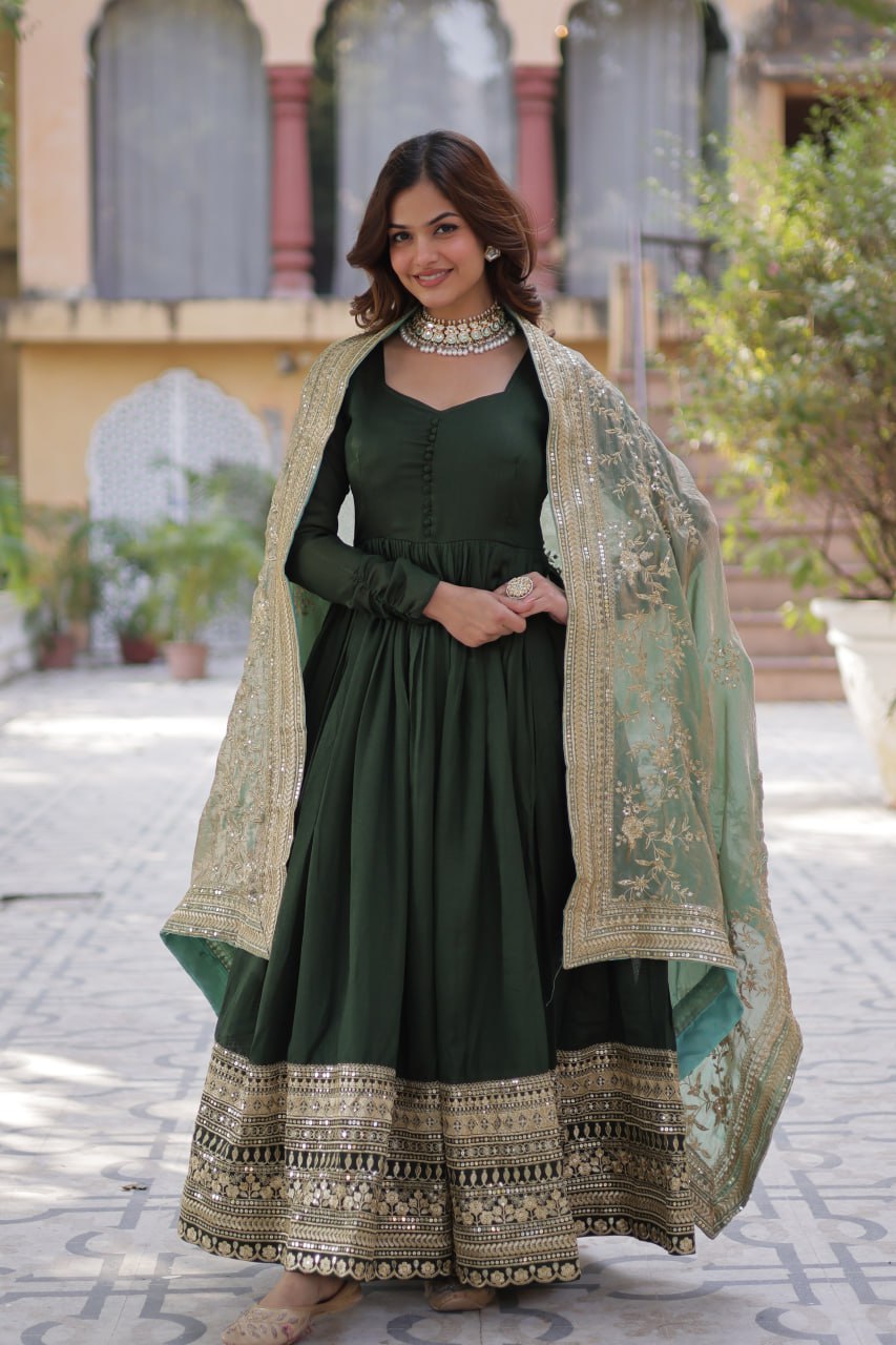 Shimmer Vichitra with Rich Sequins Embroidered work Green Color