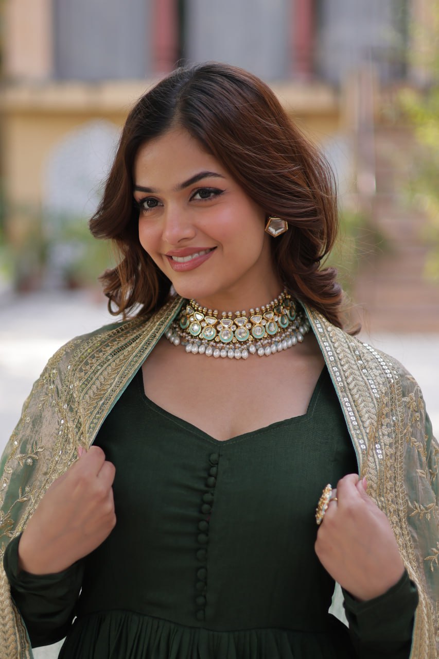 Shimmer Vichitra with Rich Sequins Embroidered work Green Color
