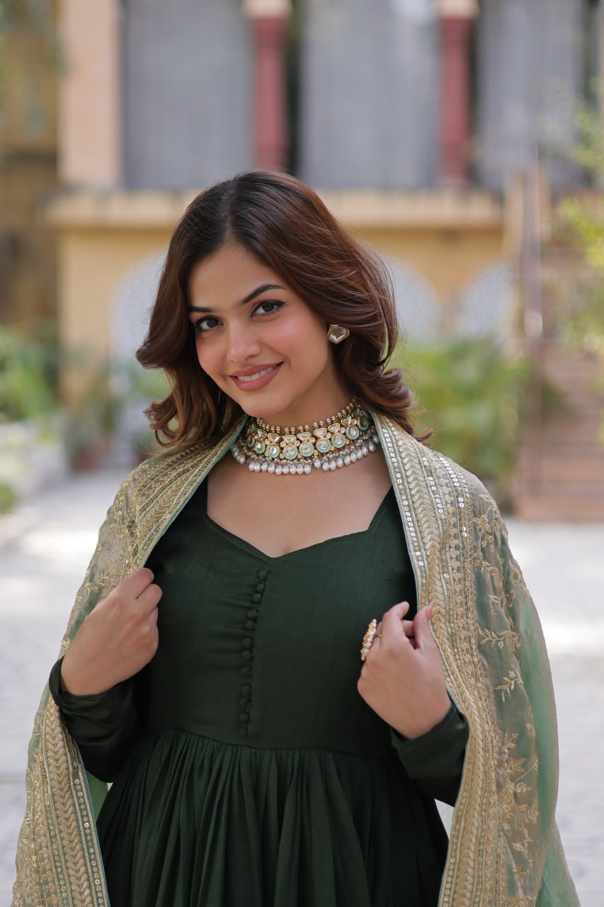 Shimmer Vichitra with Rich Sequins Embroidered work Green Color