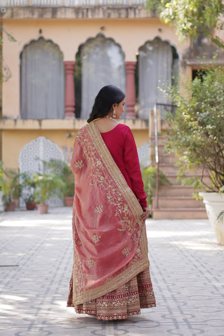 Shimmer Vichitra with Rich Sequins Embroidered work Red Color