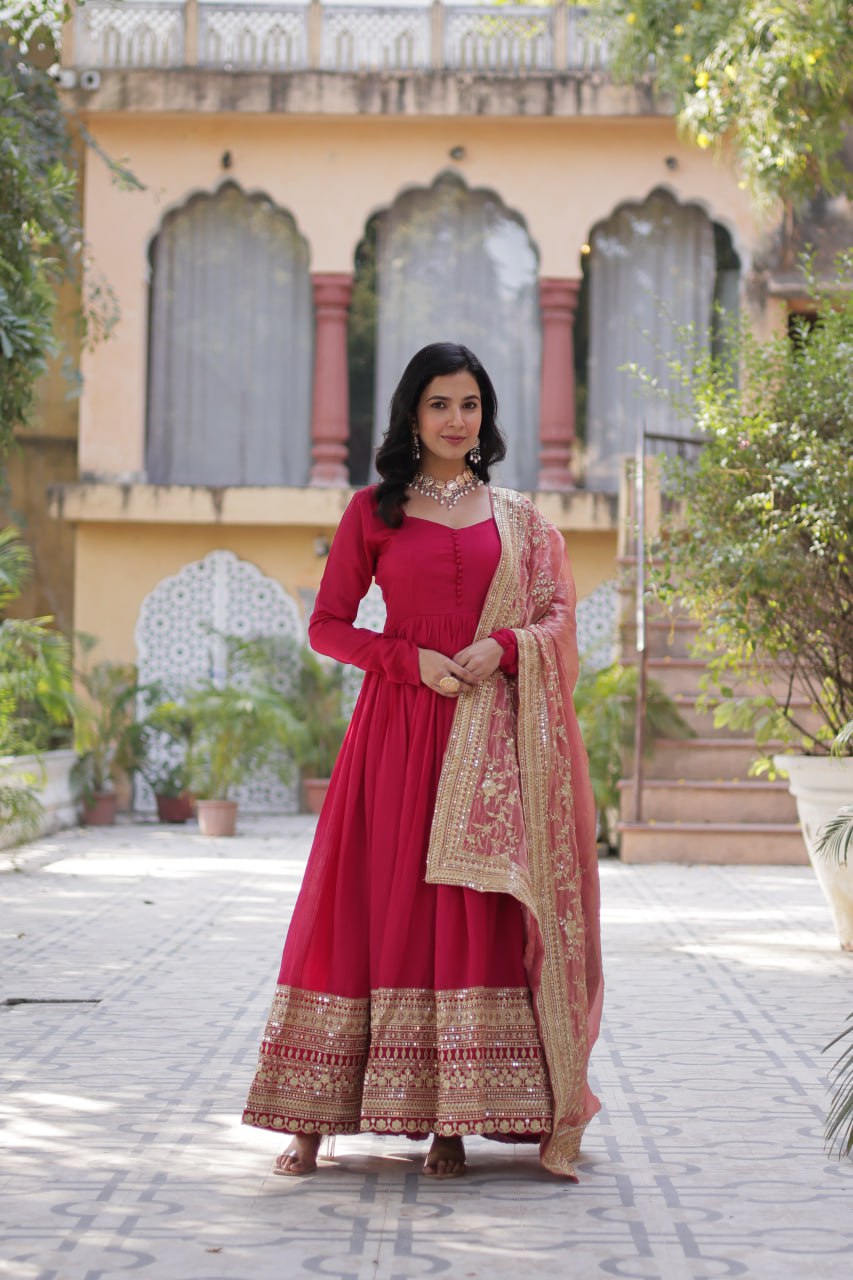 Shimmer Vichitra with Rich Sequins Embroidered work Red Color