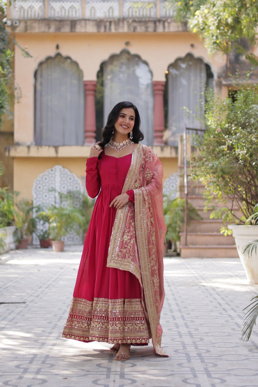 Shimmer Vichitra with Rich Sequins Embroidered work Red Color