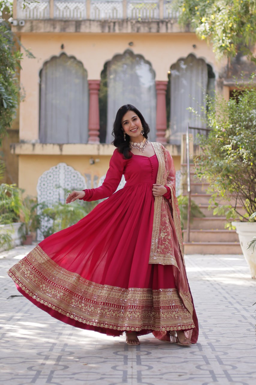 Shimmer Vichitra with Rich Sequins Embroidered work Red Color