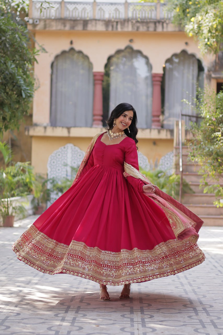 Shimmer Vichitra with Rich Sequins Embroidered work Red Color
